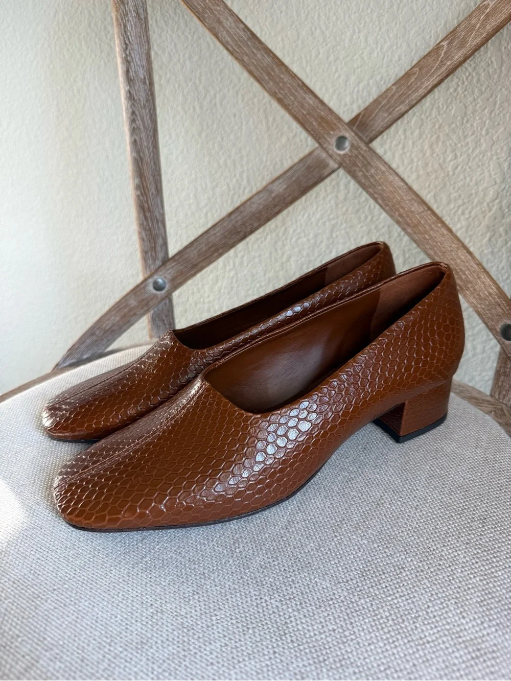 Reformation Inez Square-Toe Pumps cognac snake